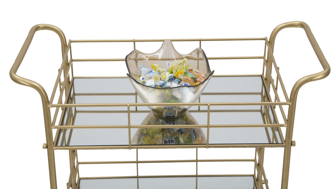 Viereckiger Wagen aus Metall und Glas in Gold mit 3 Regalen