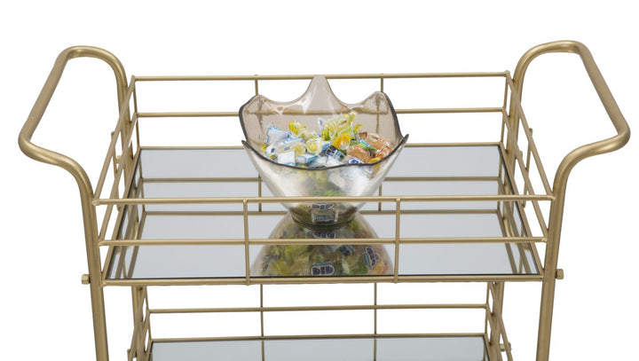 Viereckiger Wagen aus Metall und Glas in Gold mit 3 Regalen