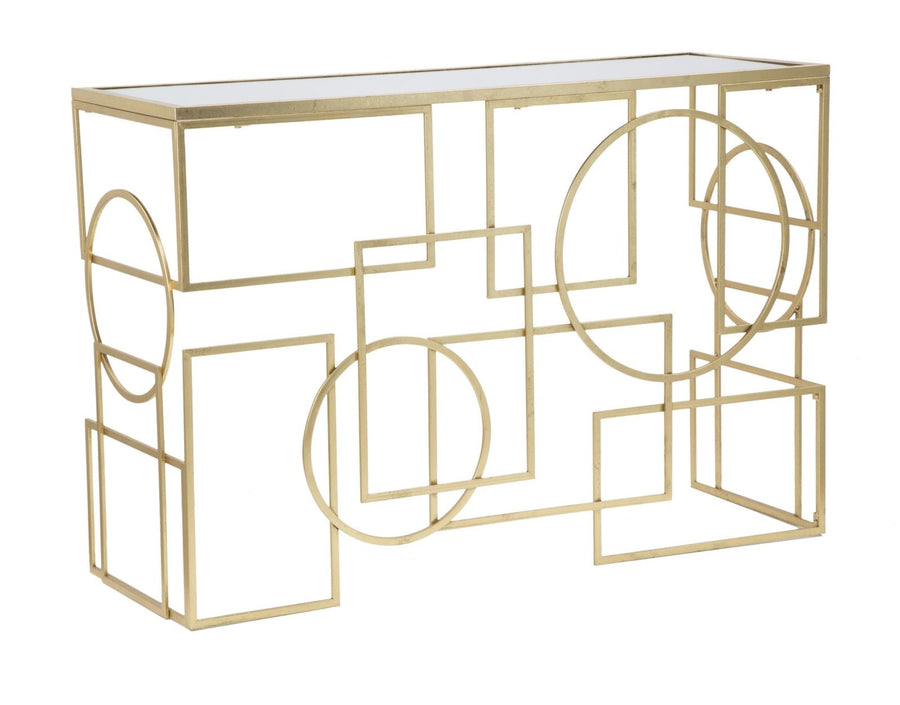 Geometrischer Konsolentisch aus Goldmetall und Glas