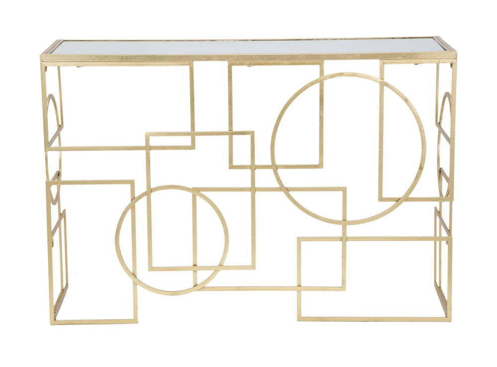 Geometrischer Konsolentisch aus Goldmetall und Glas