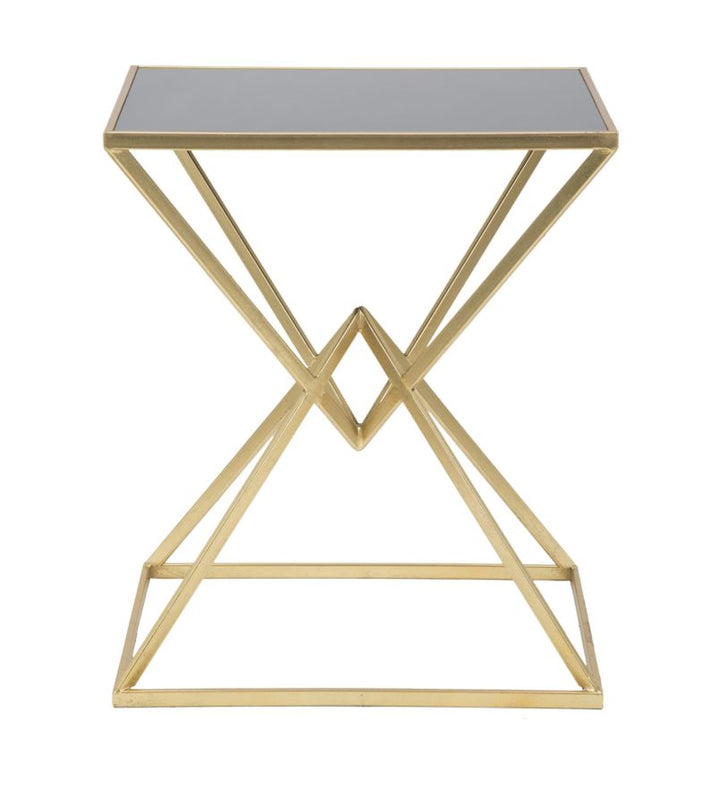 Kleiner Couchtisch aus Metall in Gold und Schwarz mit pyramidenförmigen Beinen