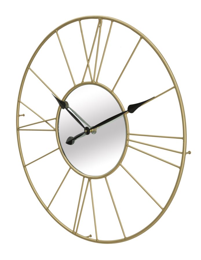 Wanduhr mit römischen Ziffern aus Metall und Glas in Gold und Schwarz