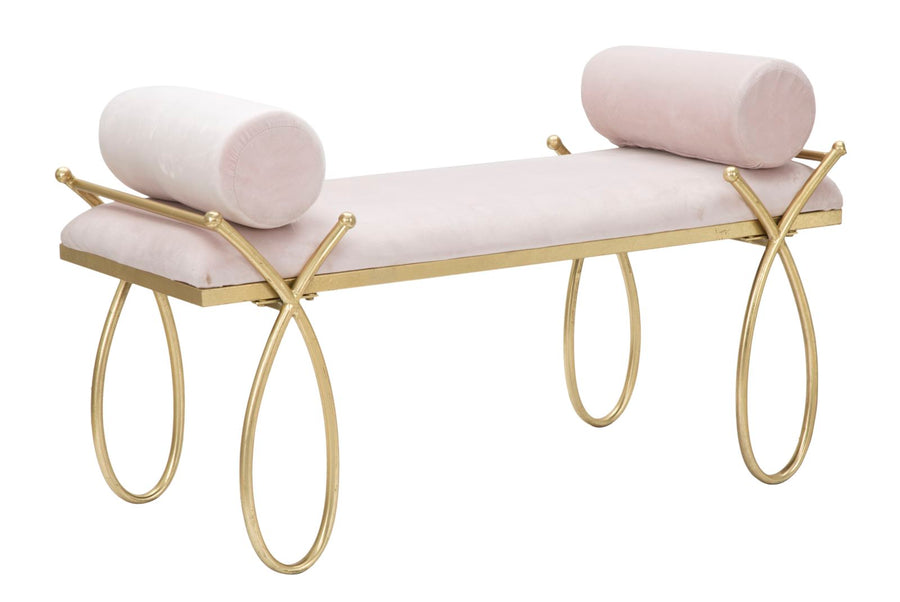 Sitzbank aus hellrosa Samt mit goldenen Metallbeinen