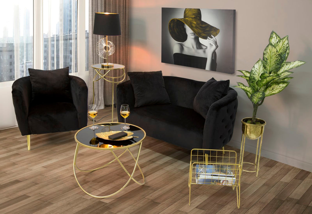Schwarzer Samt-Sessel mit goldenen Metallbeinen