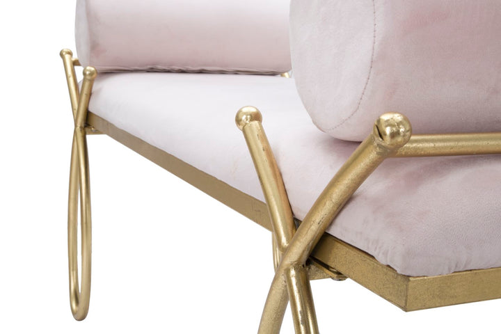 Sitzbank aus hellrosa Samt mit goldenen Metallbeinen