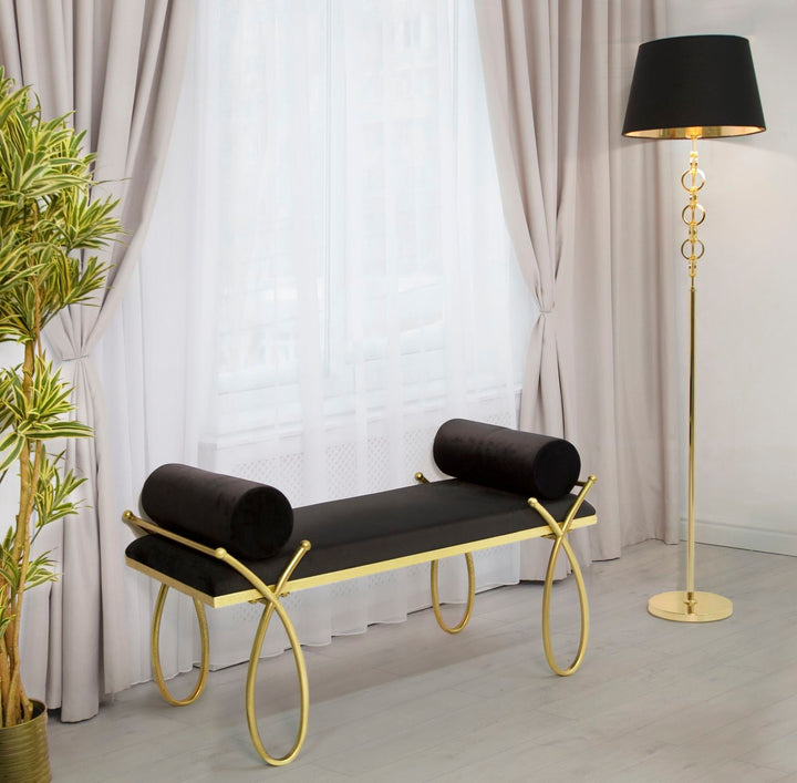 Schwarze Samtbank mit goldenen Metallbeinen