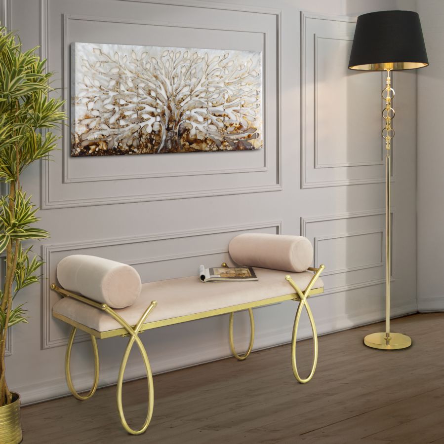 Sitzbank aus hellrosa Samt mit goldenen Metallbeinen