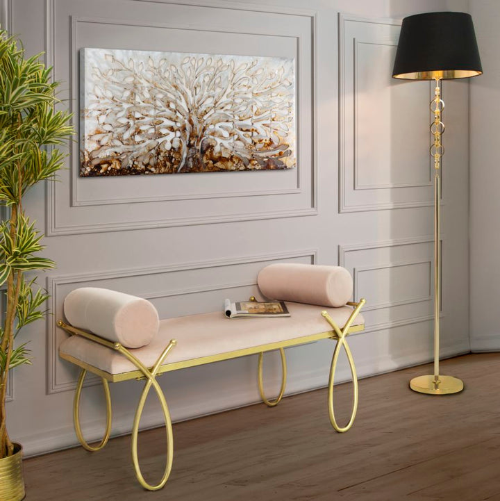 Sitzbank aus hellrosa Samt mit goldenen Metallbeinen