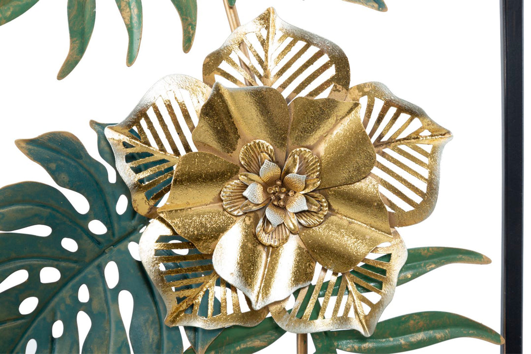 Tropische Blätter & Blumen Wanddekoration aus Metall im Rahmen
