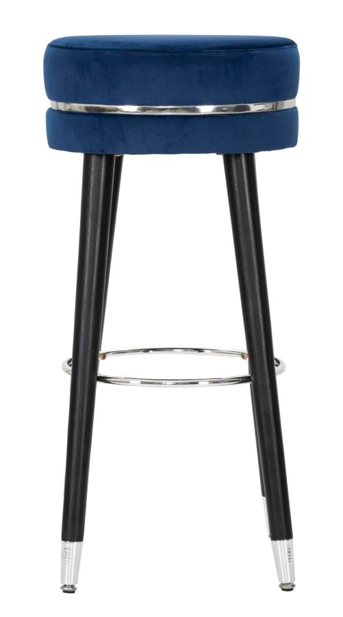 Barhocker aus blauem und silbernem Samt mit schwarzen Beinen