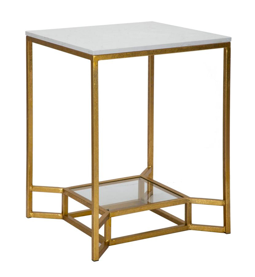 Kleiner quadratischer Couchtisch aus goldfarbenem Metall mit Marmorplatte