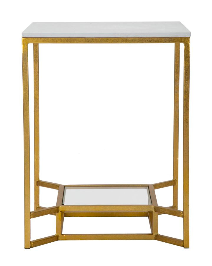 Kleiner quadratischer Couchtisch aus goldfarbenem Metall mit Marmorplatte