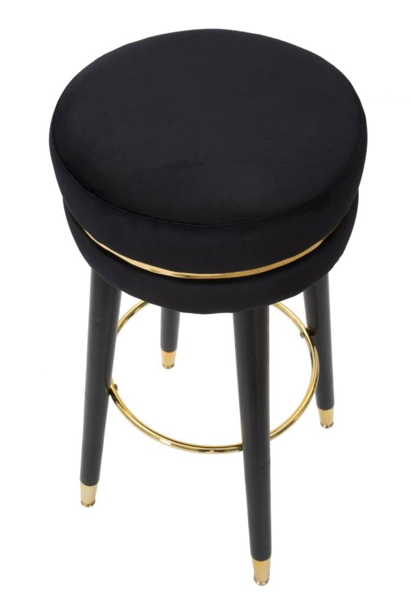 Barhocker aus schwarzem und goldenem Samt mit schwarzen Beinen