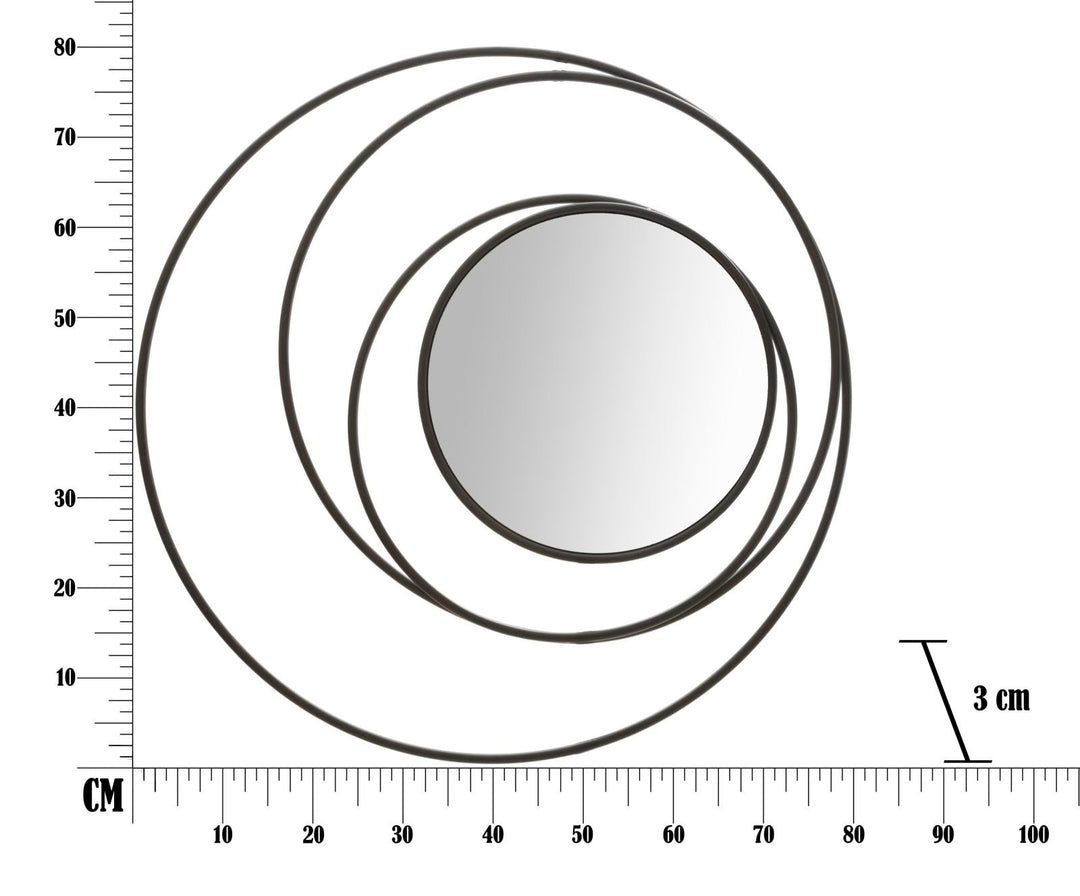 Schwarzer runder Wandspiegel aus Metall mit geometrischen Kreisen dekoriert