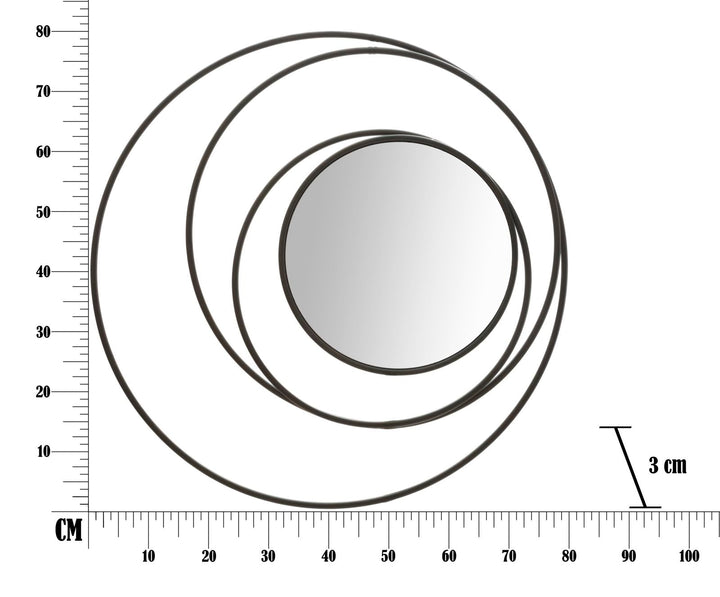 Schwarzer runder Wandspiegel aus Metall mit geometrischen Kreisen dekoriert