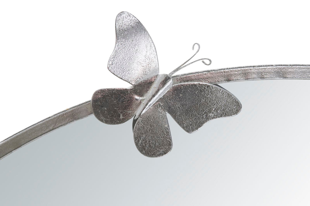 Silberfarbener runder Wandspiegel aus Metall mit Schmetterling