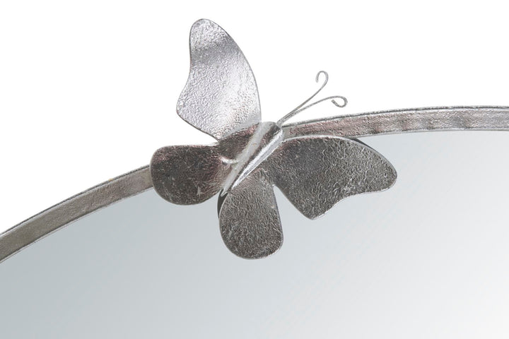 Silberfarbener runder Wandspiegel aus Metall mit Schmetterling