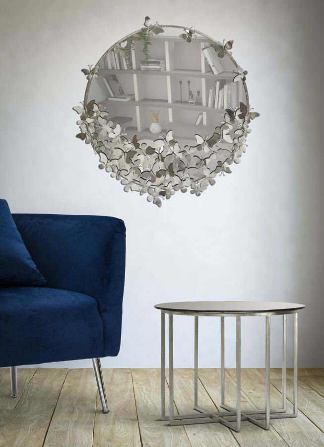 Silberfarbener runder Wandspiegel aus Metall mit Schmetterling