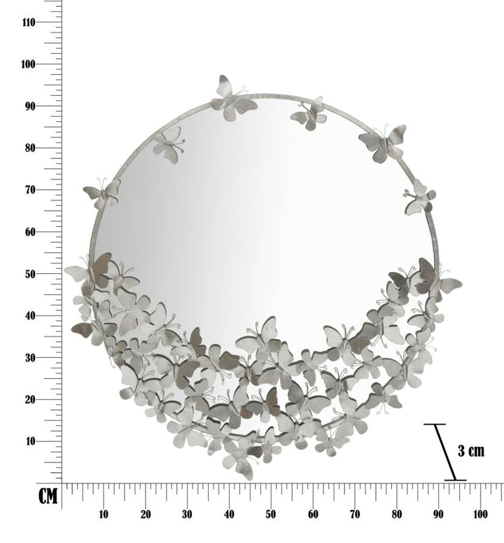 Silberfarbener runder Wandspiegel aus Metall mit Schmetterling