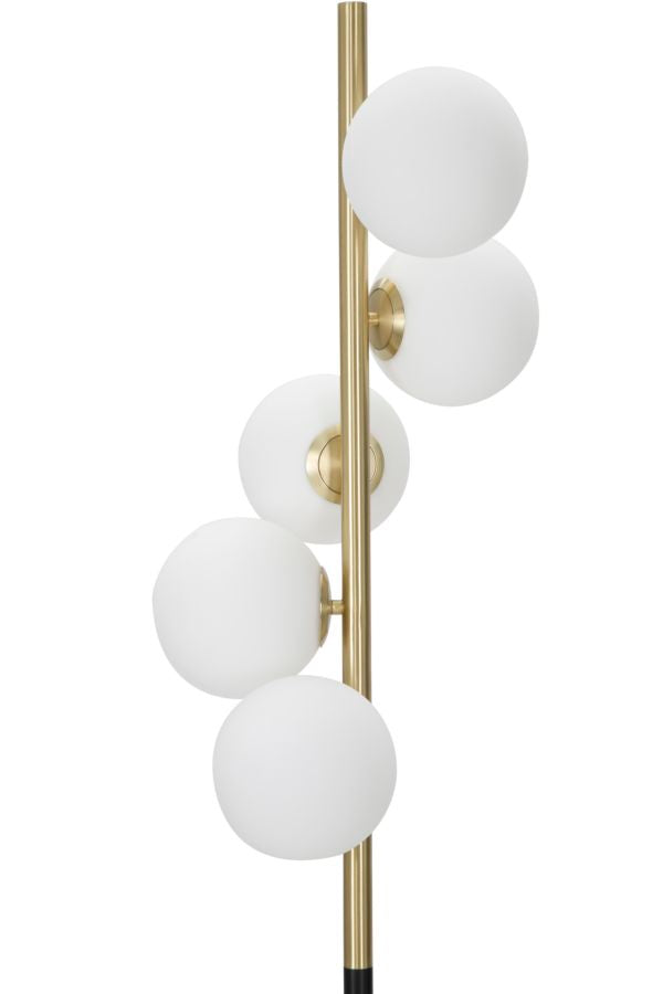 Stehlampe aus schwarzem und goldenem Metall mit 5 Glühbirnen