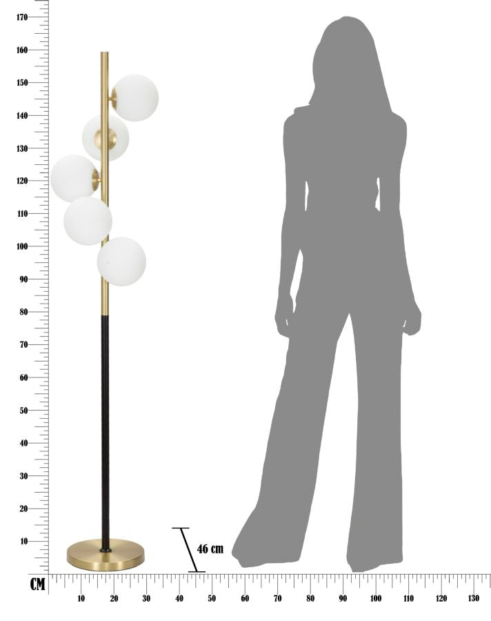 Stehlampe aus schwarzem und goldenem Metall mit 5 Glühbirnen