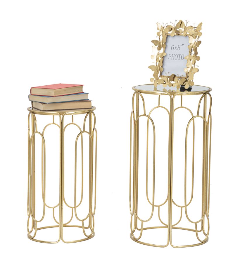 Kleiner runder Tisch aus Metall und Glas im 2er-Set in Gold