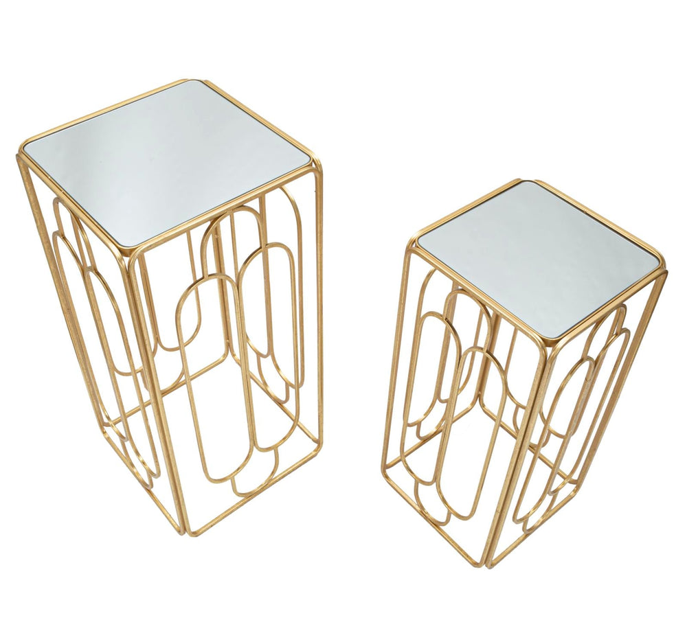 Kleiner rechteckiger Tisch aus goldfarbenem Metall und Glas im 2er-Set