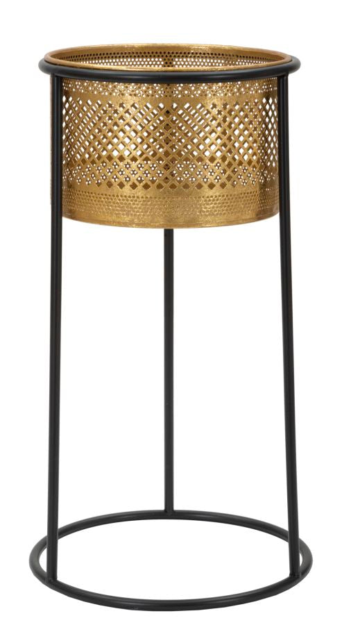Goldener Blumentopf aus Metall mit schwarzem Rahmen
