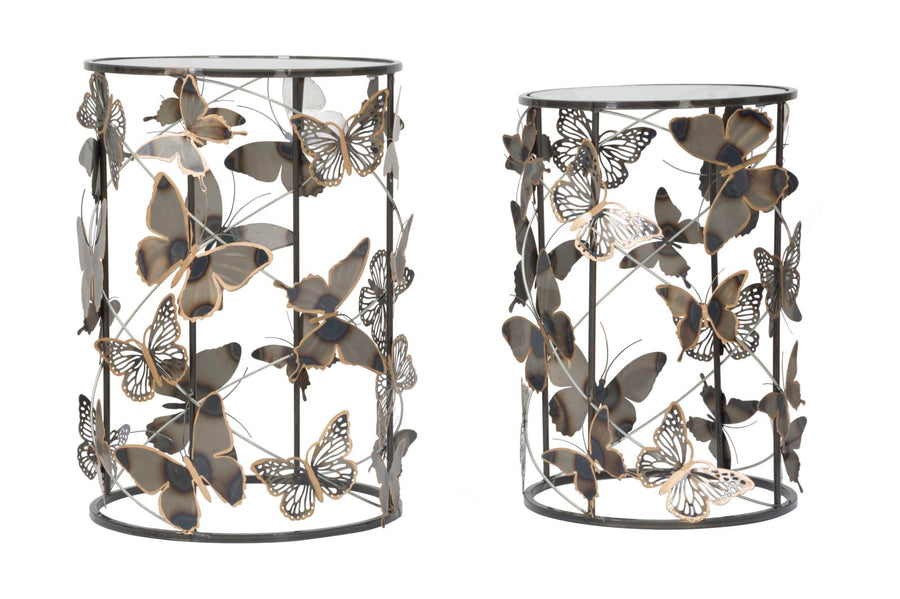Kleiner Tisch aus Metall und Glas mit Schmetterling 2er-Set