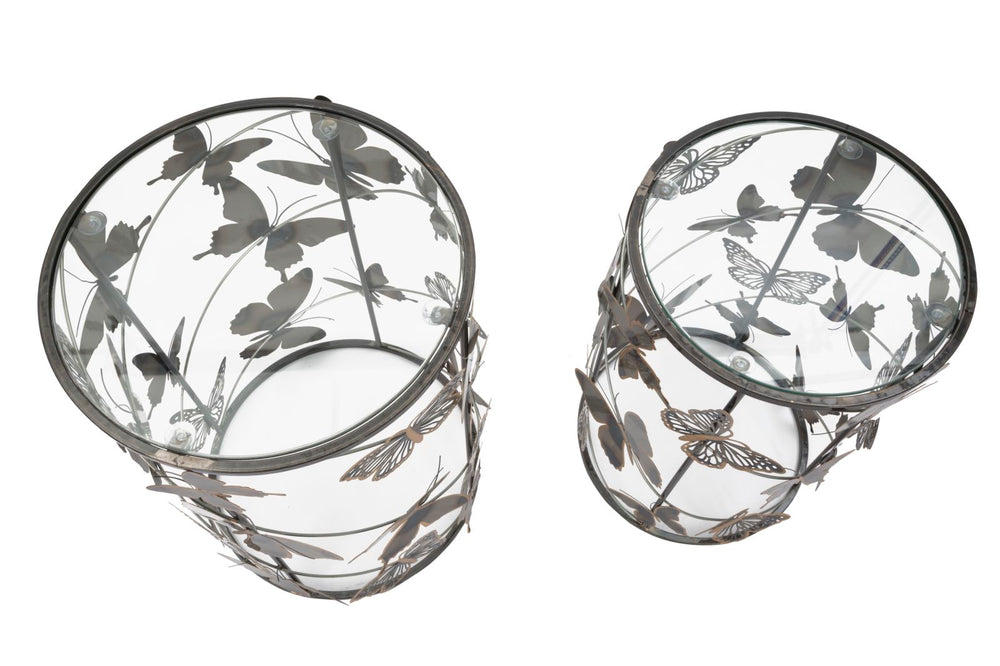 Kleiner Tisch aus Metall und Glas mit Schmetterling 2er-Set