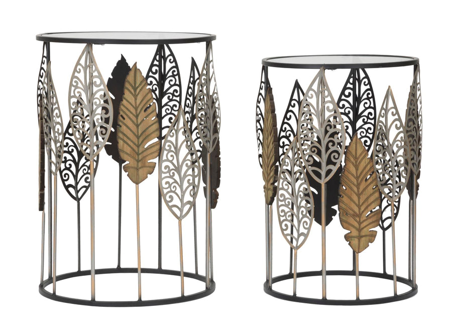 Kleiner Tisch aus Metall und Glas mit Blattmuster, 2er-Set