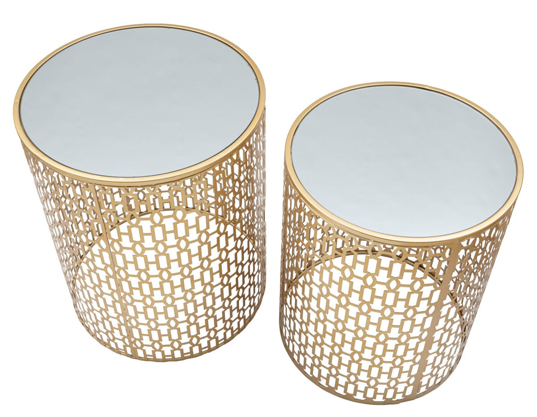 Goldfarbener runder Tisch aus Metall und Glas, 2 Stück