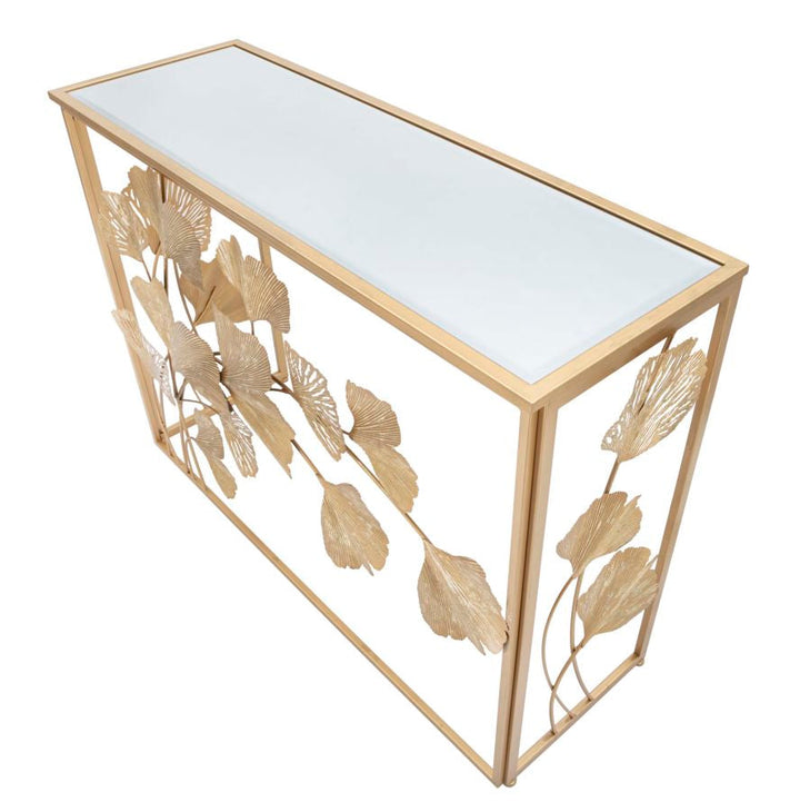 Goldener Konsolentisch aus Metall und Glas mit rechteckigem Buchstabenmuster