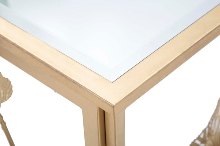 Goldener Konsolentisch aus Metall und Glas mit rechteckigem Buchstabenmuster