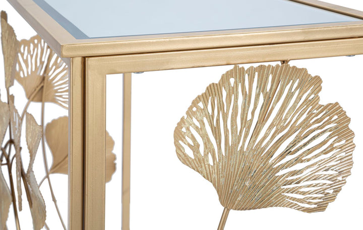 Goldener Konsolentisch aus Metall und Glas mit rechteckigem Buchstabenmuster