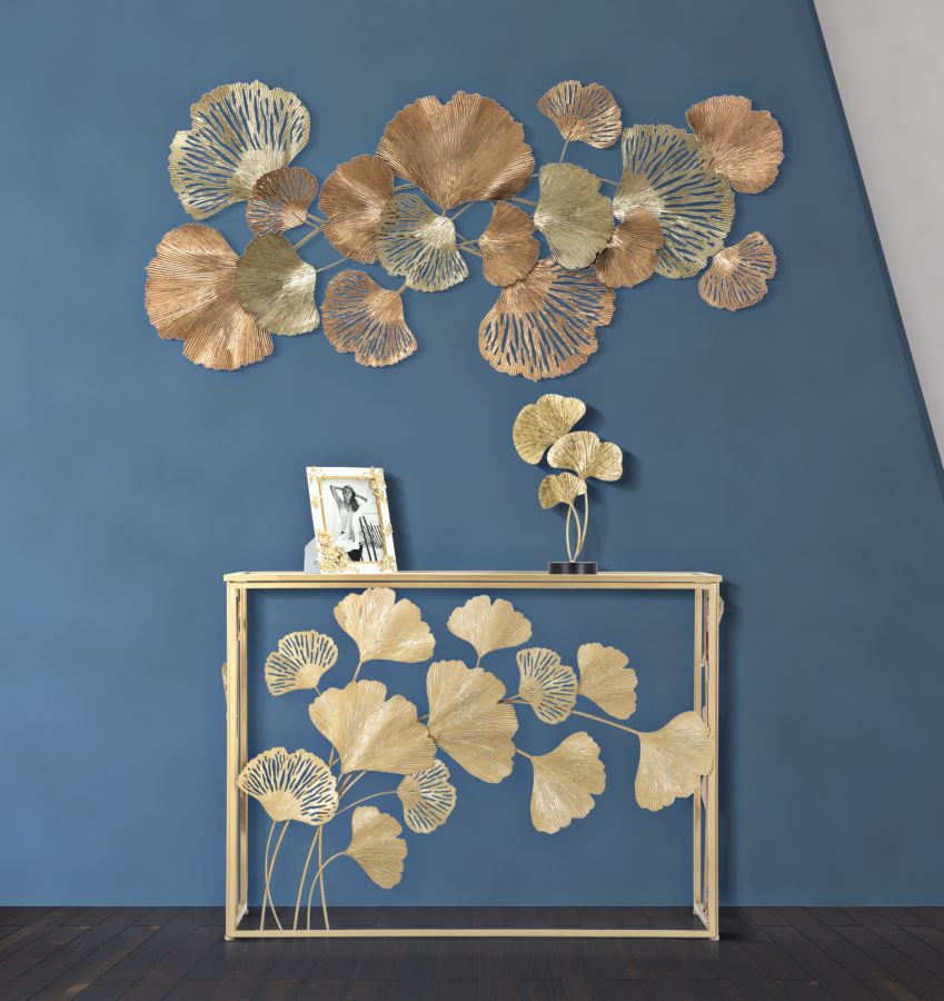 Goldener Konsolentisch aus Metall und Glas mit rechteckigem Buchstabenmuster