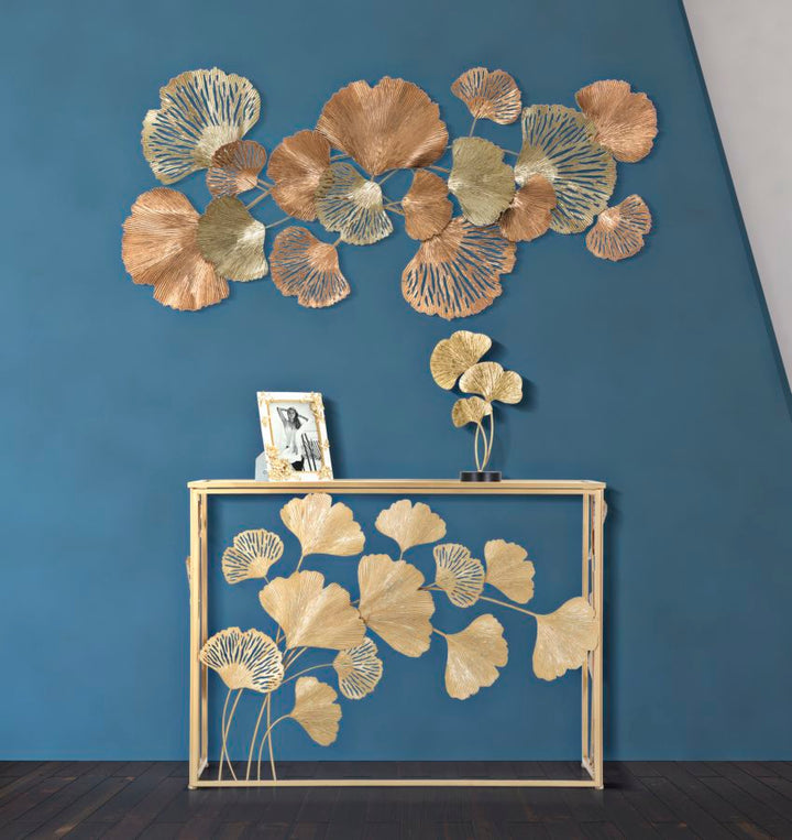 Goldener Konsolentisch aus Metall und Glas mit rechteckigem Buchstabenmuster