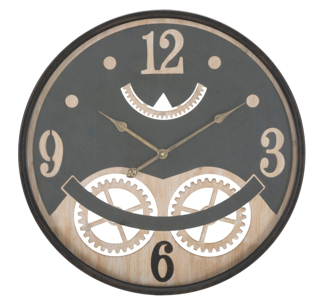 Schwarze Metall- und Holz-Wanduhr mit Eulenmuster