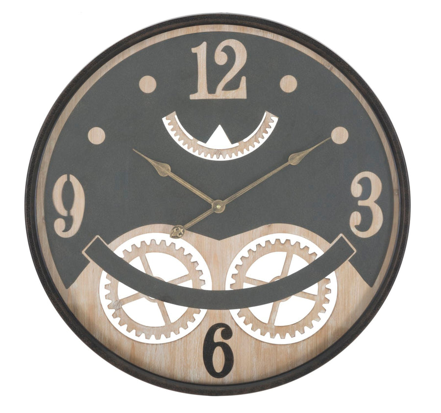 Schwarze Metall- und Holz-Wanduhr mit Eulenmuster
