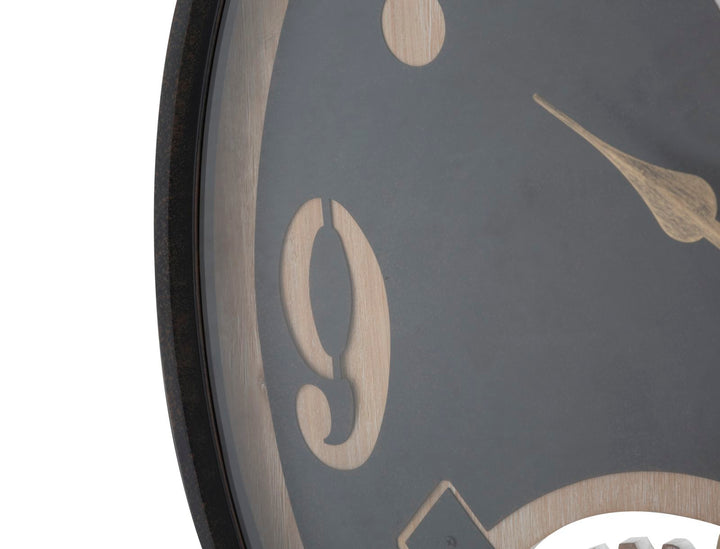 Schwarze Metall- und Holz-Wanduhr mit Eulenmuster