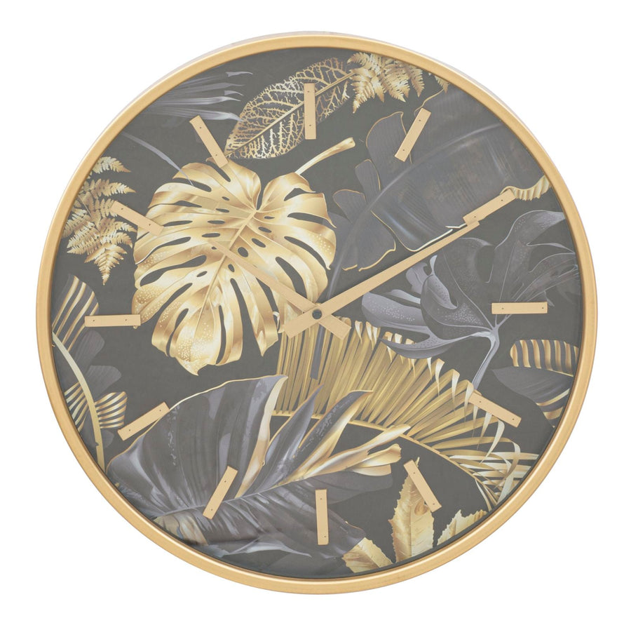Goldene und graue Wanduhr mit tropischem Blattmuster
