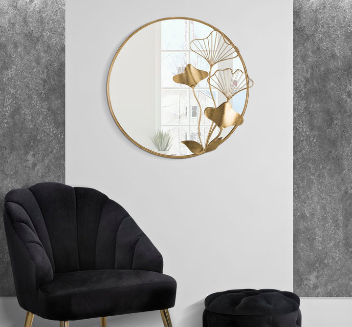 Goldfarbener runder Spiegel mit Blatt- und Blumenmuster (moderne Dekoration)