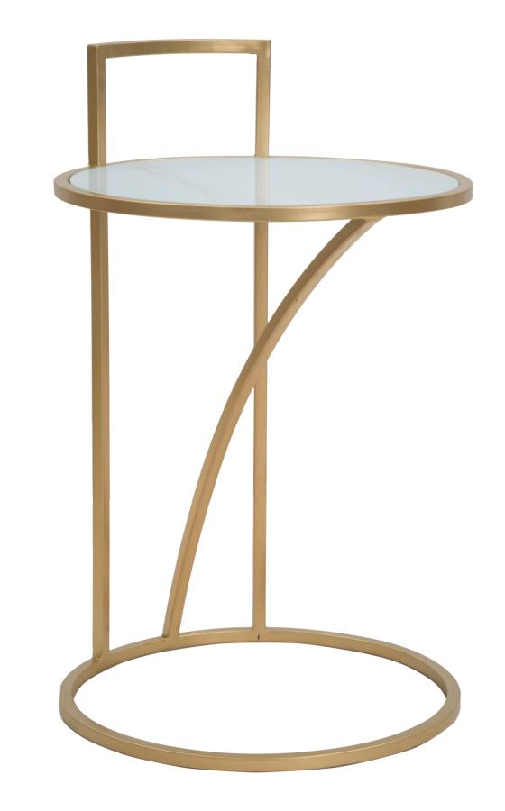 Kleiner Tisch aus goldenem Metall mit weißer Marmorplatte