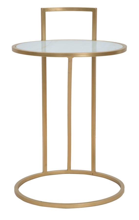 Kleiner Tisch aus goldenem Metall mit weißer Marmorplatte