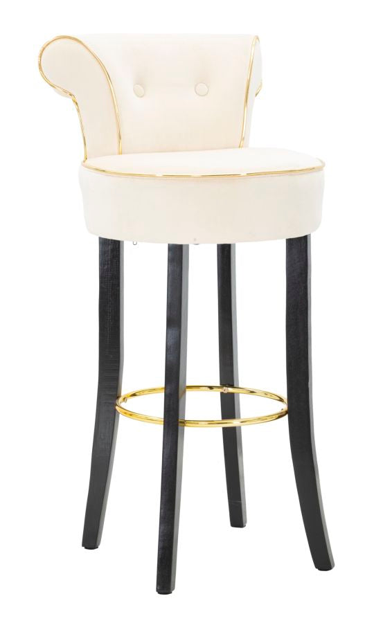 Barhocker aus cremefarbenem Samt mit schwarzen Holzbeinen und goldenen Details