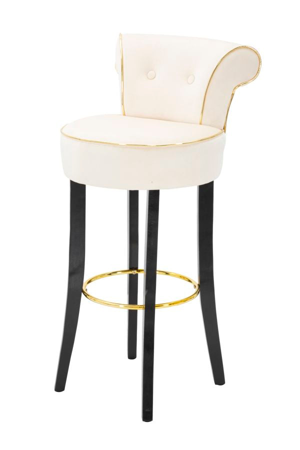 Barhocker aus cremefarbenem Samt mit schwarzen Holzbeinen und goldenen Details