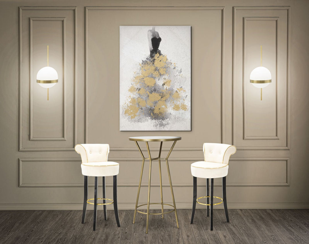 Barhocker aus cremefarbenem Samt mit schwarzen Holzbeinen und goldenen Details