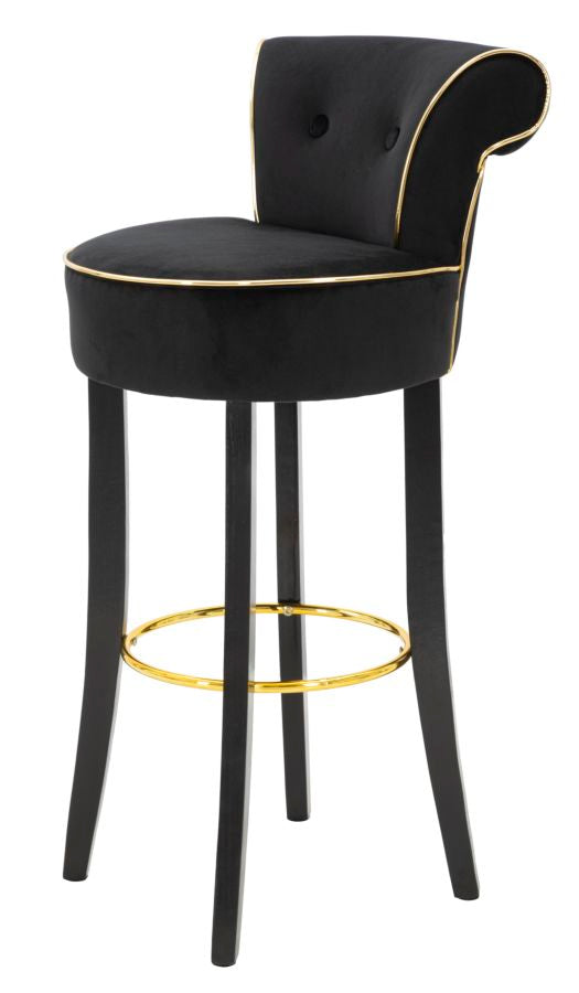 Schwarzer Samt-Barhocker mit schwarzen Holzbeinen und goldenen Details