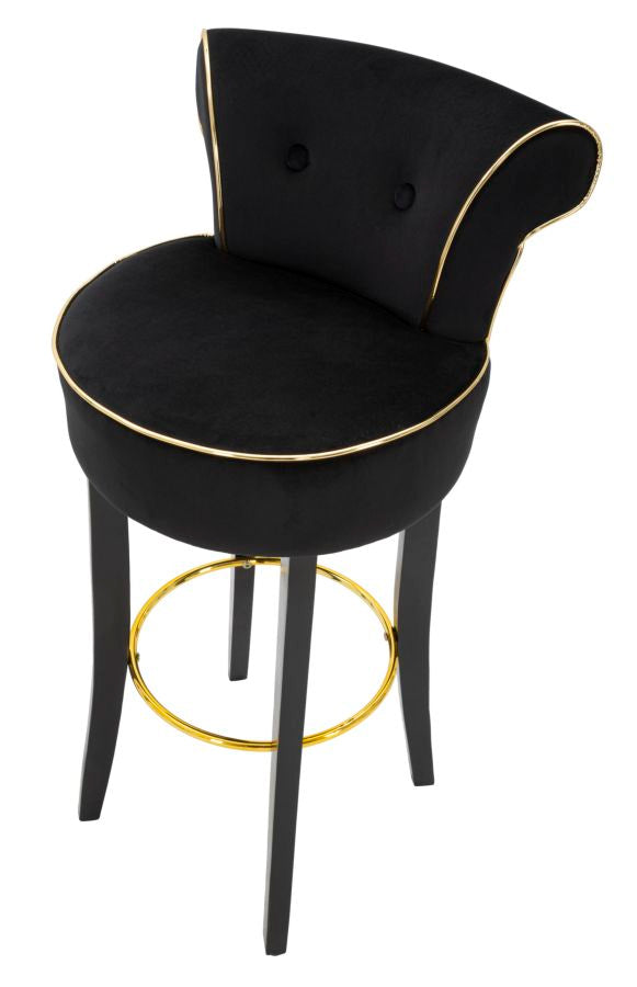 Schwarzer Samt-Barhocker mit schwarzen Holzbeinen und goldenen Details