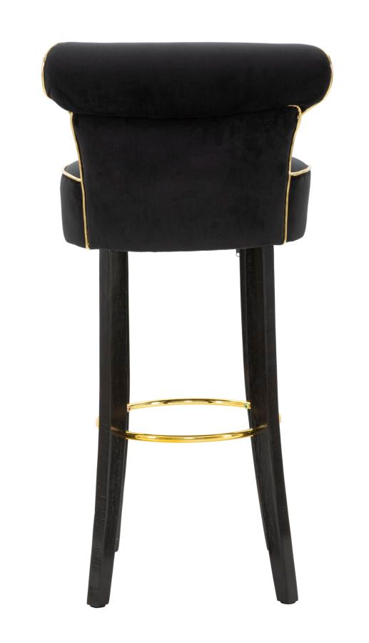 Schwarzer Samt-Barhocker mit schwarzen Holzbeinen und goldenen Details